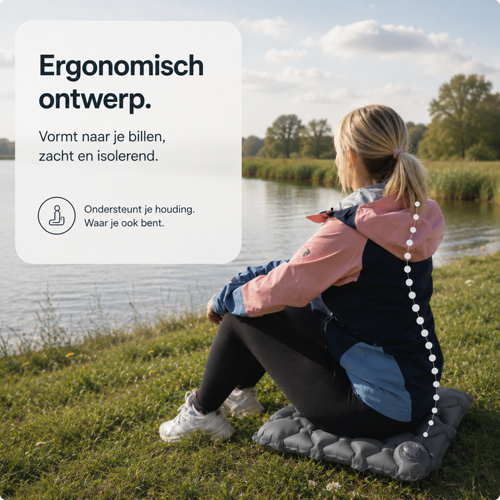 Hátulról látható nő tóparton szürke felfújt párnán ül, mellette egyenes gerincvonalat jelző pontsor látszik. 6
