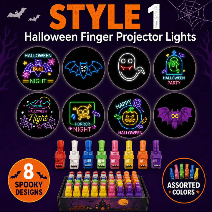 Első minta: nyolc neon stílusú Halloween-kép körökben, alattuk nyolc színes ujjlámpa és a dobozuk 2