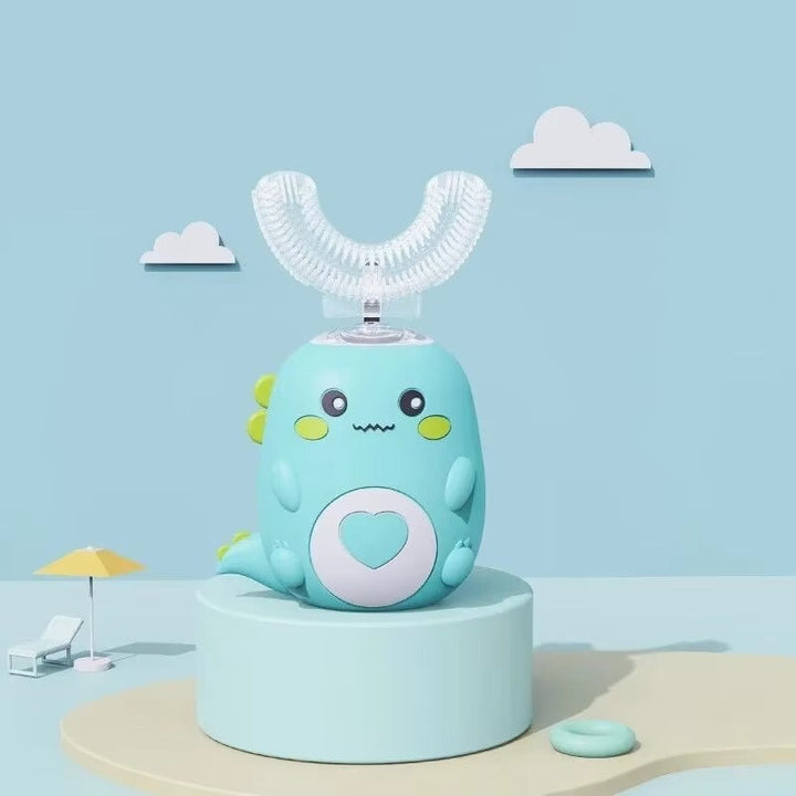 U-alakú gyerekfogkefe szónikus tisztítással és szilikon fejjel.