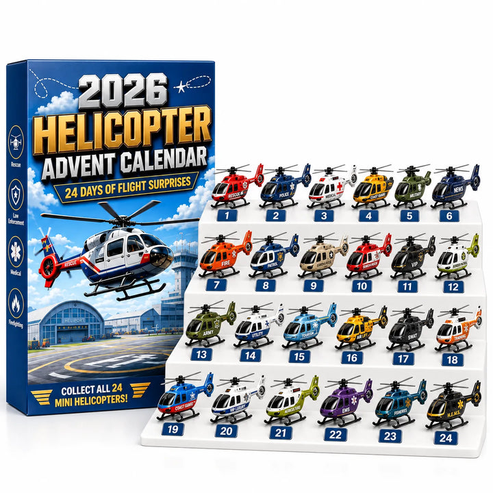 Helikopteres adventi naptár doboza, mellette lépcsős állványon számozott, különböző színű mini helikopterek 6