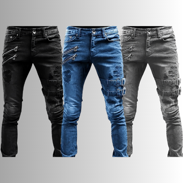 Férfi Denim Farmernadrág Csatokkal és Cipzárakkal - TitanEdge