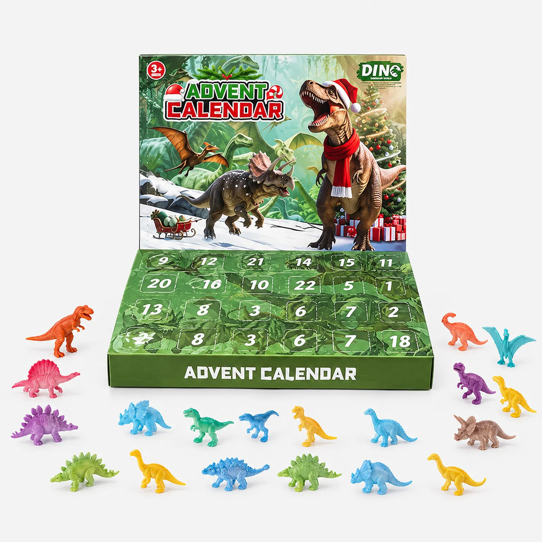 Kinyitott adventi naptár számozott ablakokkal, előtte sorban kirakva a belőle kijövő sokféle, színes apró dinoszauruszfigura. 2