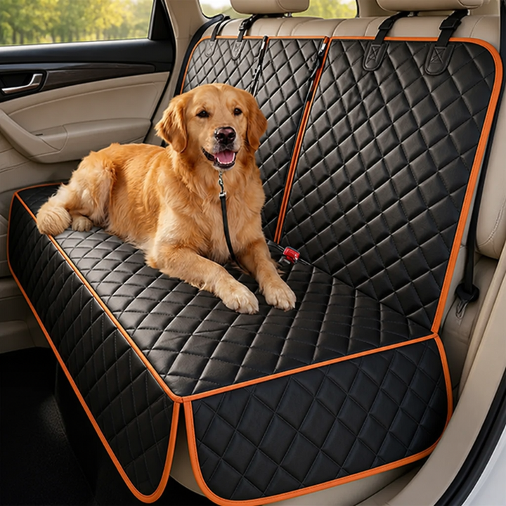 Fekete, rombuszmintásan steppelt hátsó üléshuzat narancssárga szegéllyel, rajta egy fekvő golden retriever a kocsi hátsó ülésén. 1