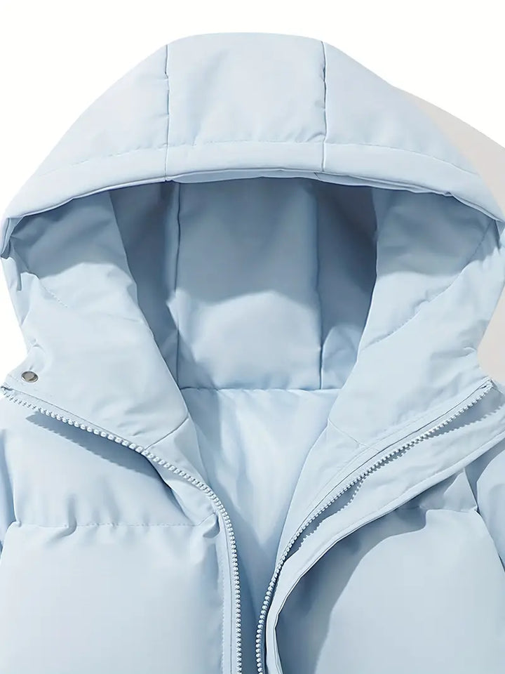 Hellblaue Kapuzenjacke, klassisches Design, warm, Wintermode, Reißverschluss, Unisex.