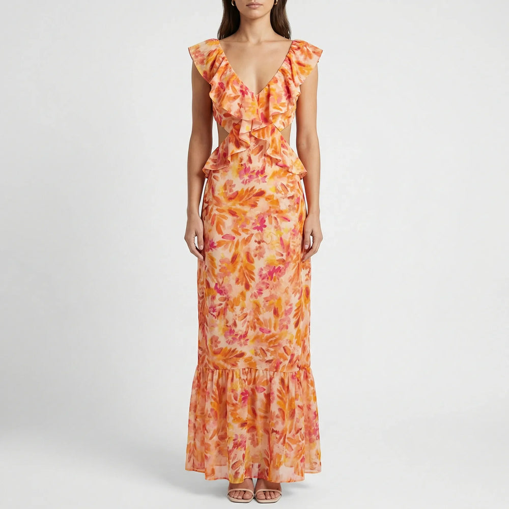 Florales Maxikleid Mit V-Ausschnitt - Kathy
