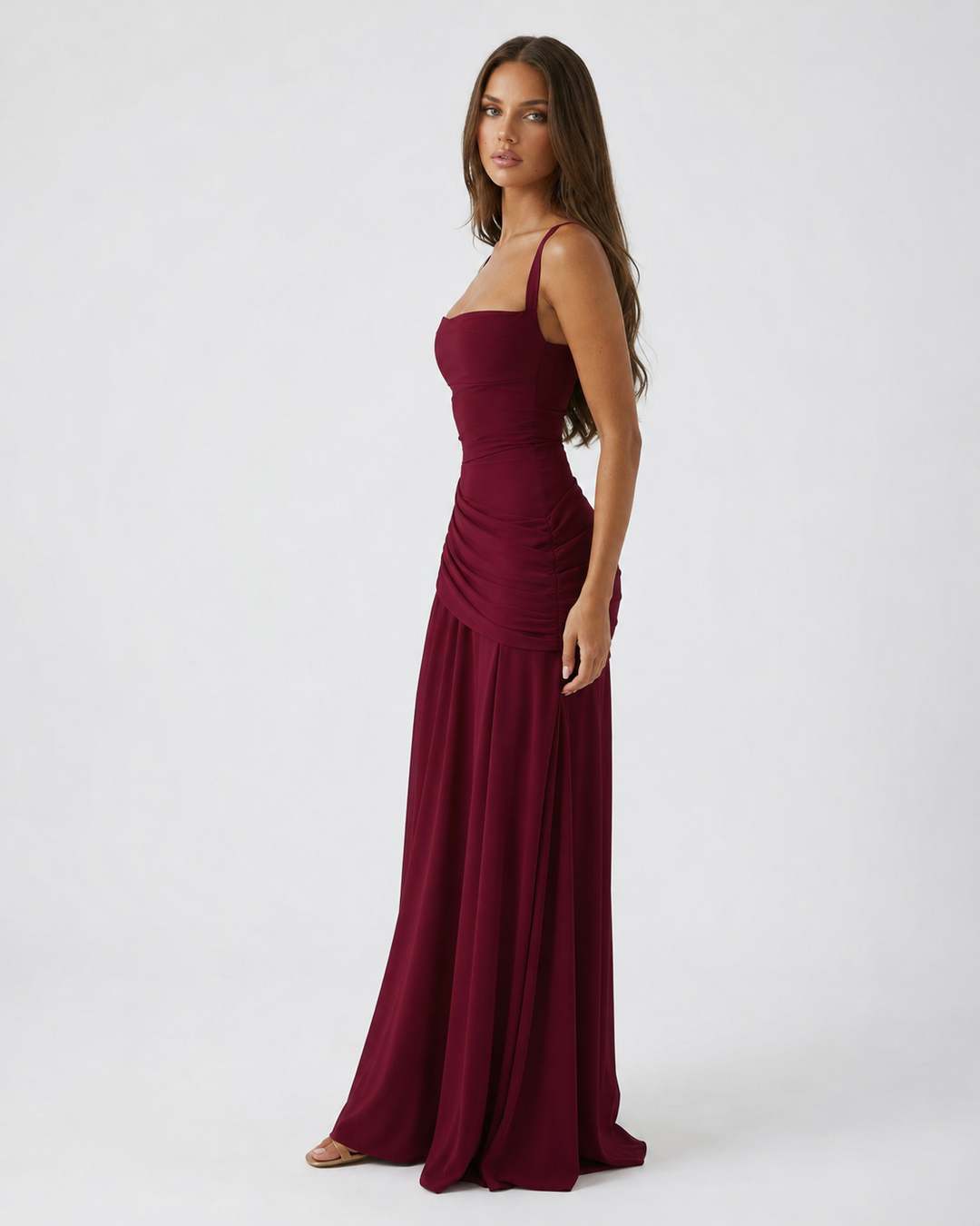 Formal Event Maxi Dress With Gathered Waist & Back Lace-Up