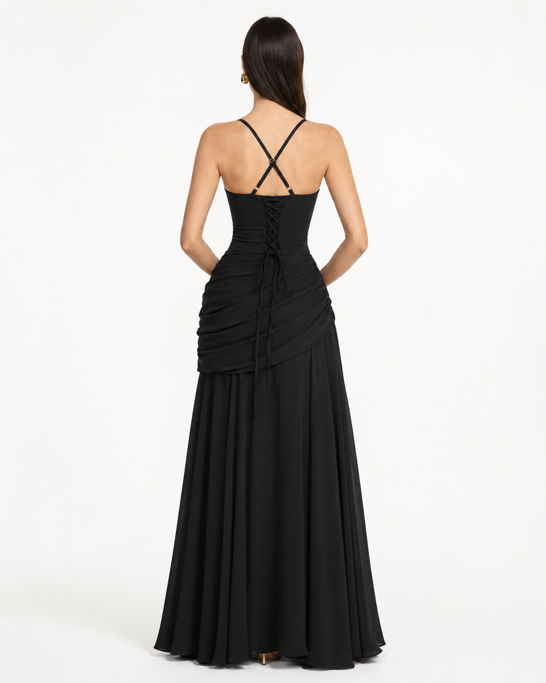 Formal Event Maxi Dress With Gathered Waist & Back Lace-Up
