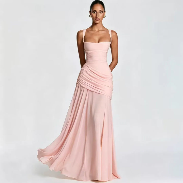 Formal Event Maxi Dress With Gathered Waist & Back Lace-Up