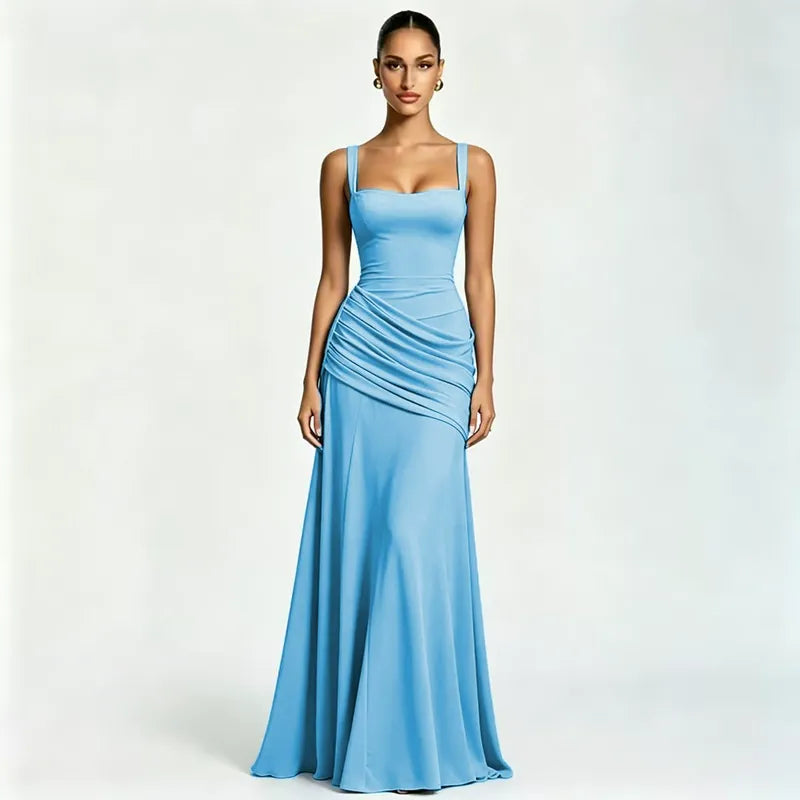 Formal Event Maxi Dress With Gathered Waist & Back Lace-Up