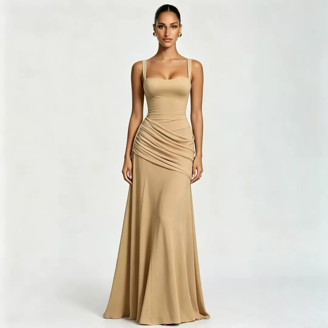 Formal Event Maxi Dress With Gathered Waist & Back Lace-Up