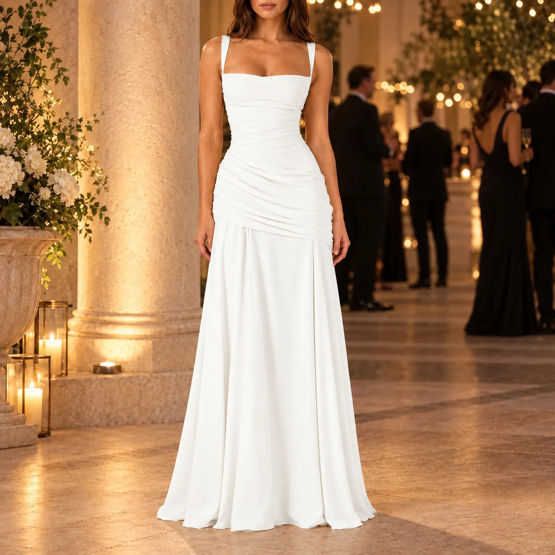 Formal Event Maxi Dress With Gathered Waist & Back Lace-Up