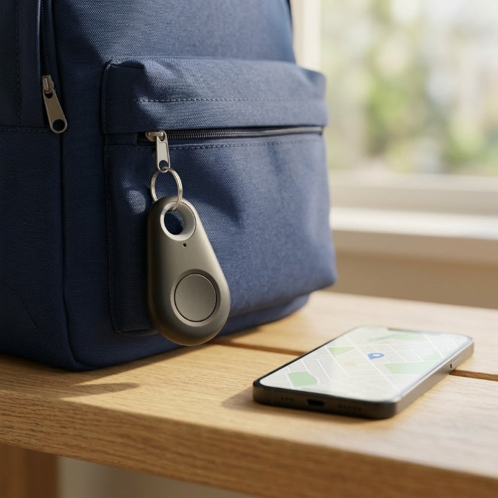 Kék iskolatáska cipzárjára akasztott fekete nyomkövető, mellette térképet mutató okostelefon egy fa padlón 1