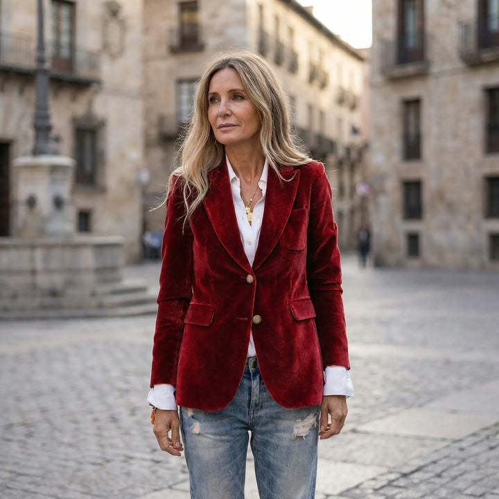 Getailleerde Fluwelen Blazer Met Gouden Knopen - Tamara