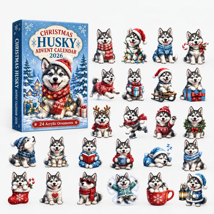Kék téli dobozos kiszerelés és a huszonnégy dísz, köztük sálas, mikulássapkás, szánkós és alvó husky kölykök. 6