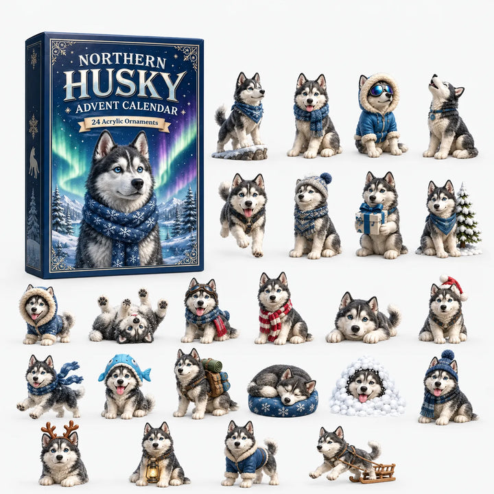 Sötétkék dobozos kiszerelés és a mellette sorakozó, kék ruhás, hátizsákos, lámpást tartó és szánt húzó husky díszek. 7