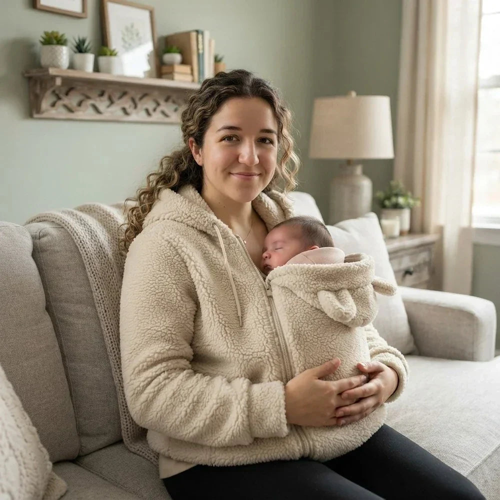 Bézs sherpa felsőt viselő göndör hajú nő a kanapén ül, a medvefüles betétben alvó babával. 7