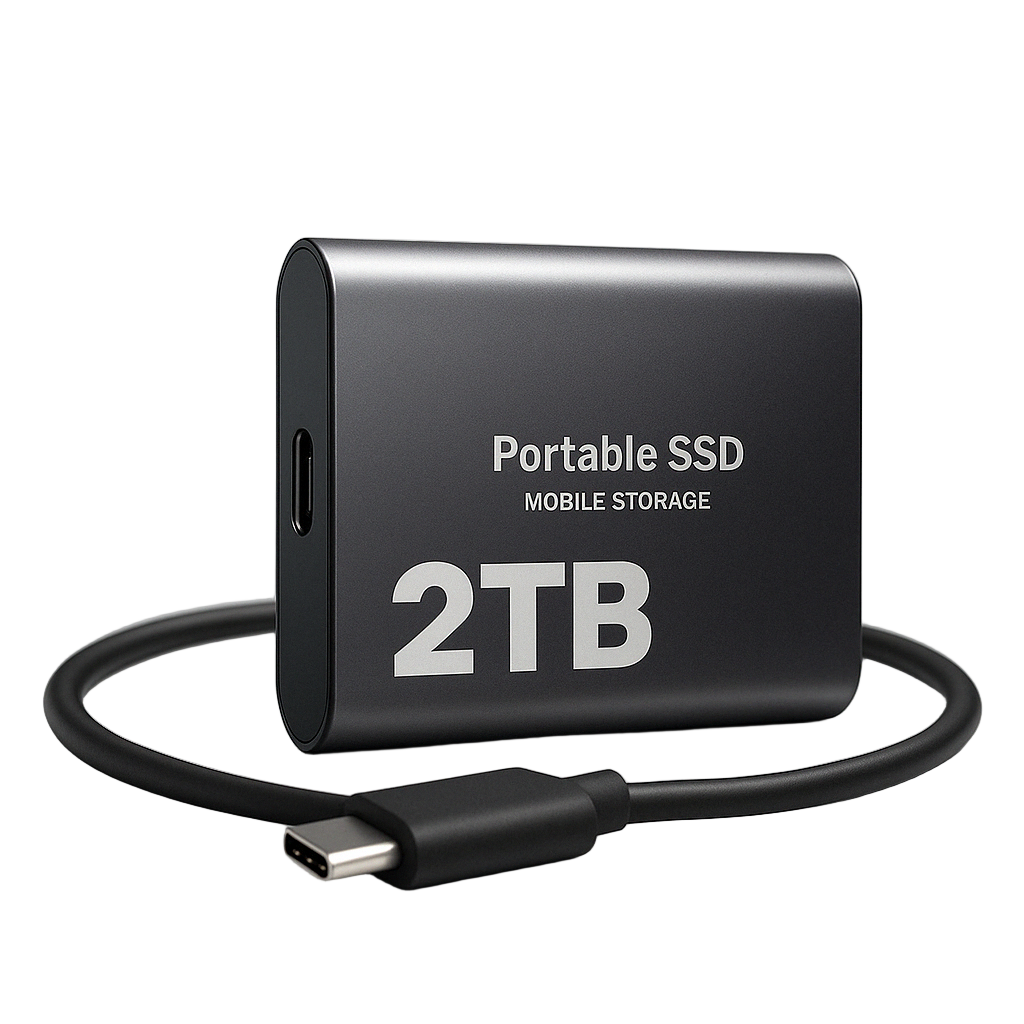 Sötétszürke, fémes burkolatú hordozható SSD egy feltekert fekete USB-C kábellel, fehér háttér előtt. 1