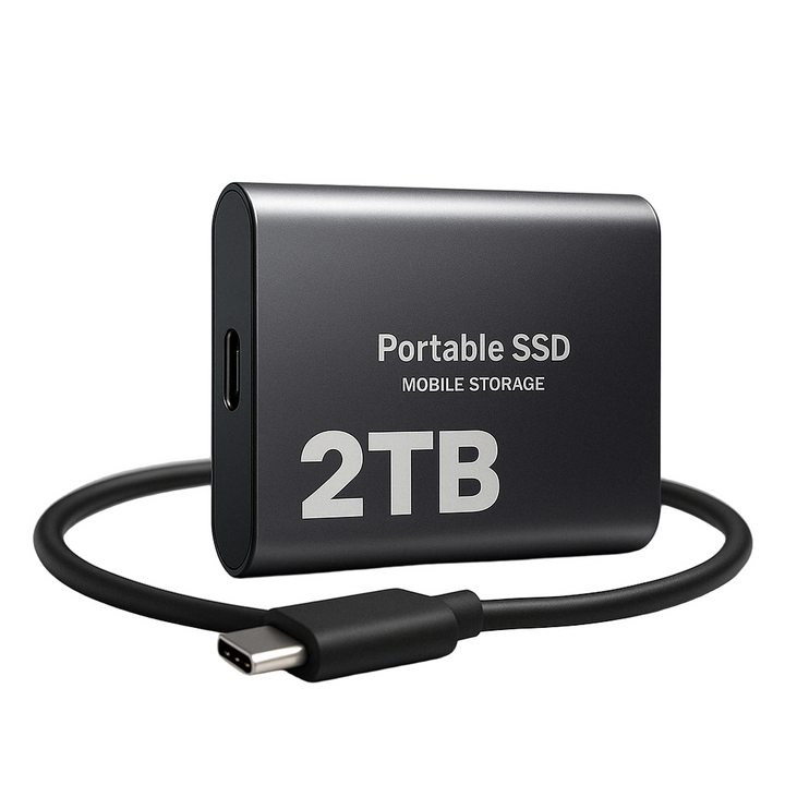 Sötétszürke, fémes burkolatú hordozható SSD egy feltekert fekete USB-C kábellel, fehér háttér előtt. 1