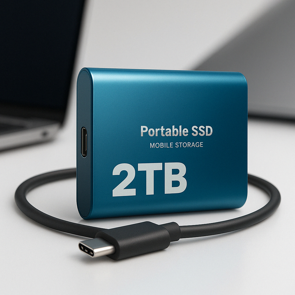 Kék színű hordozható SSD feltekert fekete USB-C kábellel egy asztalon, a háttérben elmosódott laptop látszik. 2