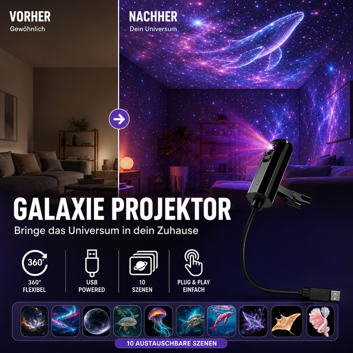 Előtte-utána kép: a nappali plafonján lila galaxis és bálna, jobbra a vetítő és a tíz motívum 4