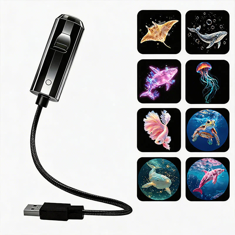 Fekete USB-s vetítő hajlékony nyakkal, mellette nyolc vetíthető tengeri motívum: rája, bálnák, medúza, hal, teknős és delfin 8