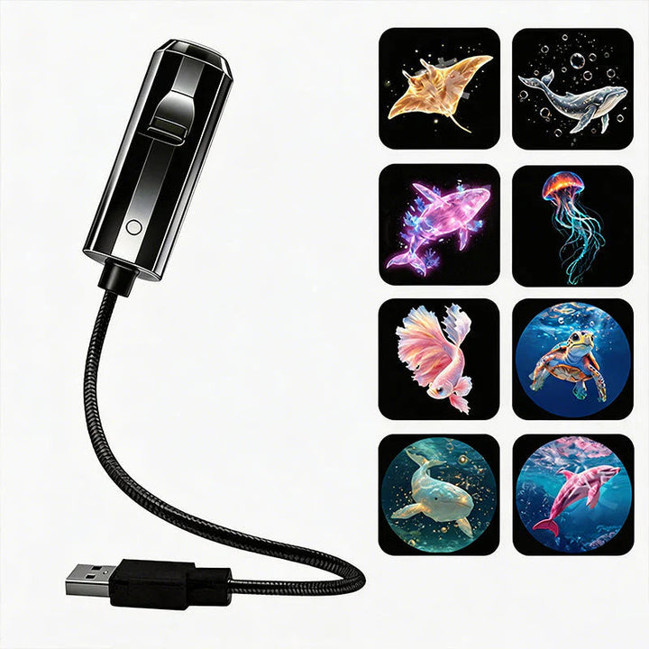 Fekete USB-s vetítő hajlékony nyakkal, mellette nyolc vetíthető tengeri motívum: rája, bálnák, medúza, hal, teknős és delfin 8