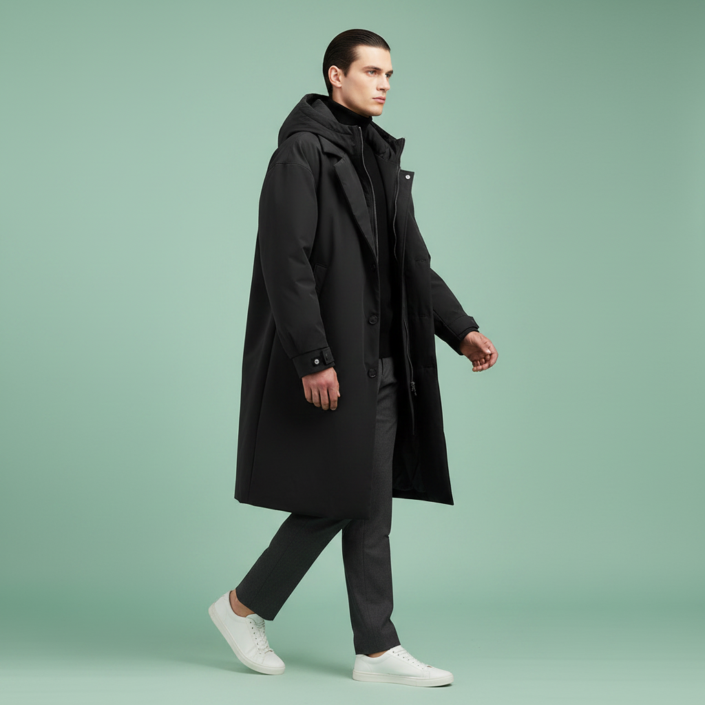 Fekete kabátot viselő férfi modell oldalnézetből, séta közben, szürke nadrágban és fehér sportcipőben, zöld háttér előtt. 7