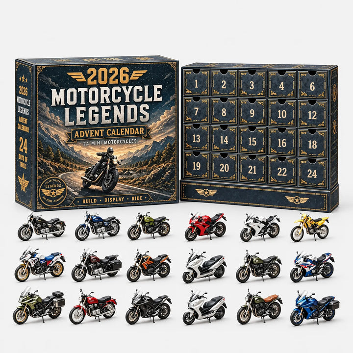 Sötétkék motoros adventi naptár doboza és számozott fiókjai, alatta három sorban felsorakoztatva a miniatűr motorkerékpárok. 2