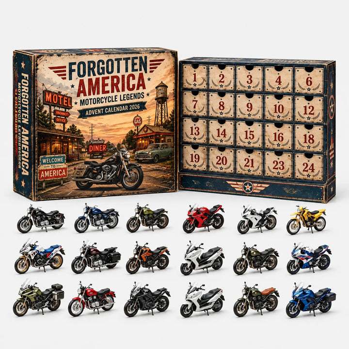 Régies, krémszínű fiókos adventi naptár doboza amerikai út menti jelenettel, előtte a miniatűr motorkerékpárok három sorban. 4