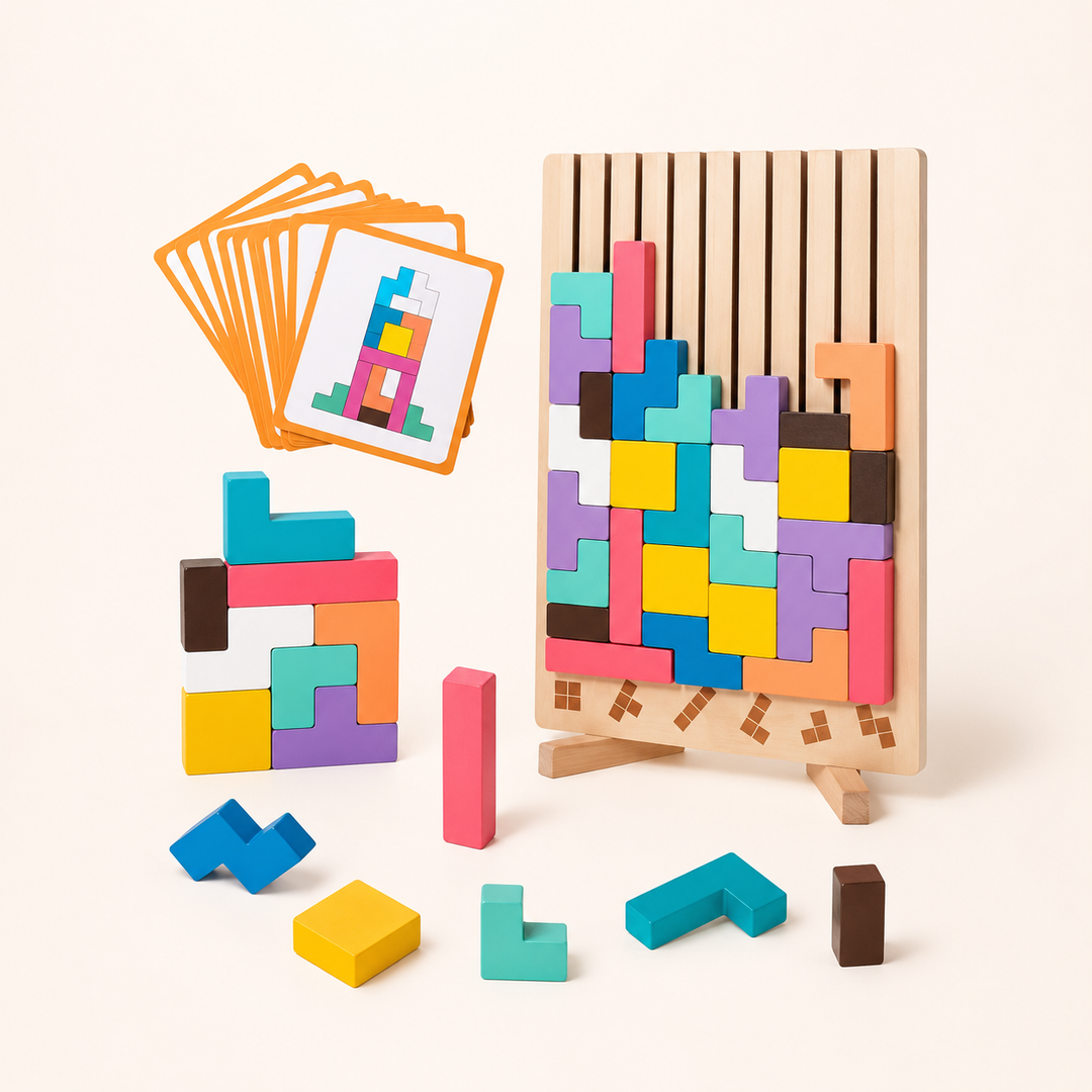 Színes fa tetris elemek, a függőleges táblára illesztett kirakás, mintakártyák és előtte szétszórt egyes darabok világos háttéren. 1