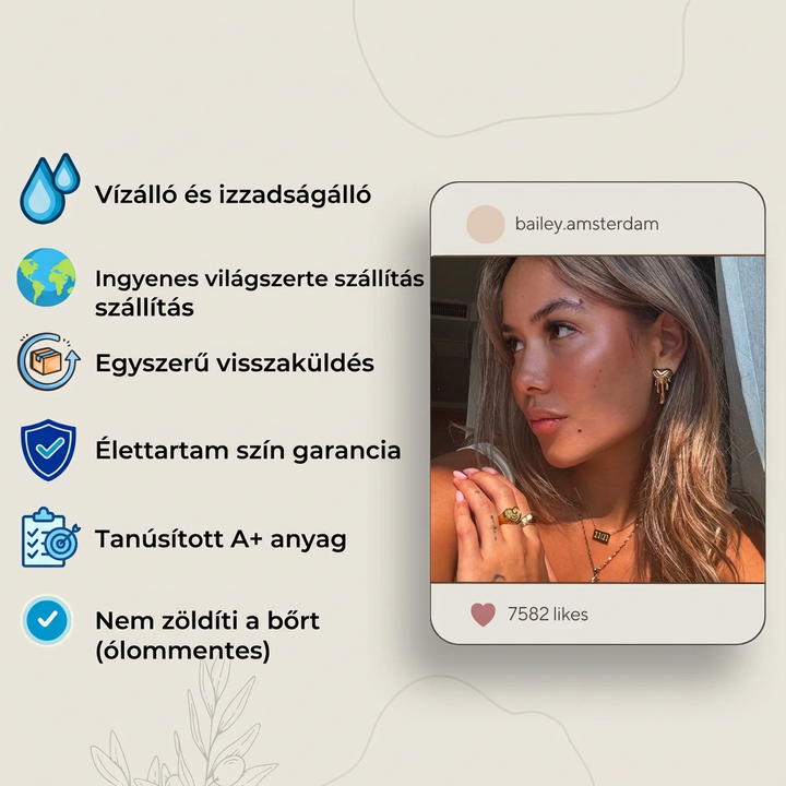 Tájékoztató grafika ikonokkal a termék előnyeiről, mellette egy közösségi oldalas modellfotó fülbevalóval és gyűrűkkel 4