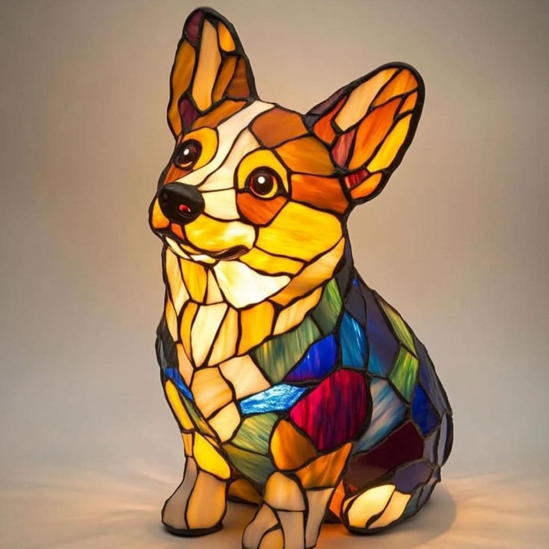 Ülő corgi alakú lámpa nagy, felálló fülekkel, narancs-sárga fejjel és kék, zöld, piros mozaikdarabokból álló testtel. 24