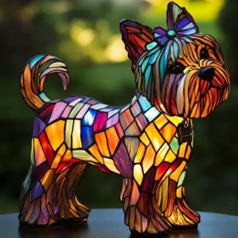 Masnis yorkshire terrier alakú mozaiklámpa felkunkorodó farokkal, színes üvegdarabokból álló testtel, oldalnézetből, elmosódott zöld háttérrel. 27