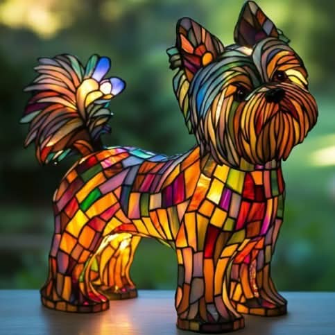 Yorkshire terrier alakú lámpa oldalnézetből, meleg narancs és piros mozaiktesttel, bozontos farokkal, kültéri háttér előtt. 28