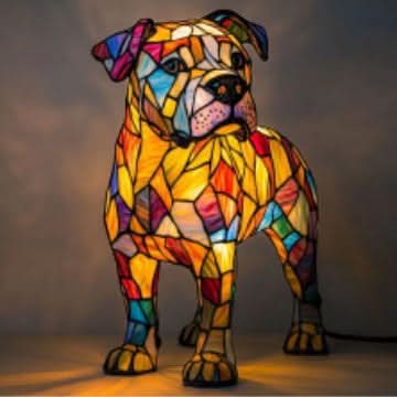 Álló, lógó fülű bulldog jellegű kutya alakú lámpa sárga, piros és kék mozaikdarabokkal, mellette a tápkábel látszik. 29