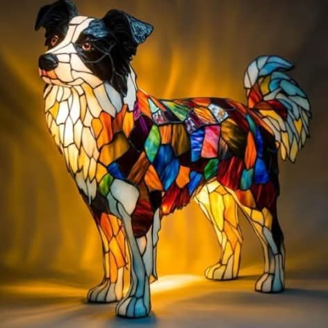 Álló border collie formájú, színes üvegmozaik hatású lámpa fekete-fehér fejjel és színes foltokból álló testtel, meleg fényben. 3