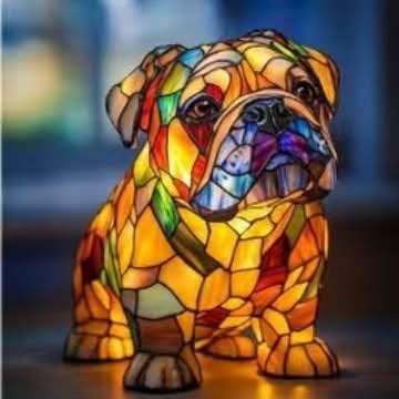Ülő bulldog formájú, színes mozaikos lámpa szemből fényképezve, borostyánsárga fénnyel és ráncos pofával. 5