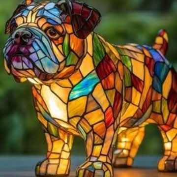 Álló bulldog alakú mozaikos lámpa oldalnézetből, színes üvegdarabokból álló testtel, zöld háttér előtt. 6