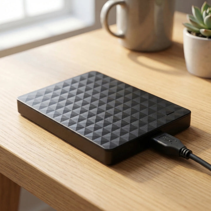 Fekete, gyémántmintás merevlemez USB-kábellel egy világos faasztalon, bögre és pozsgás növény mellett 1