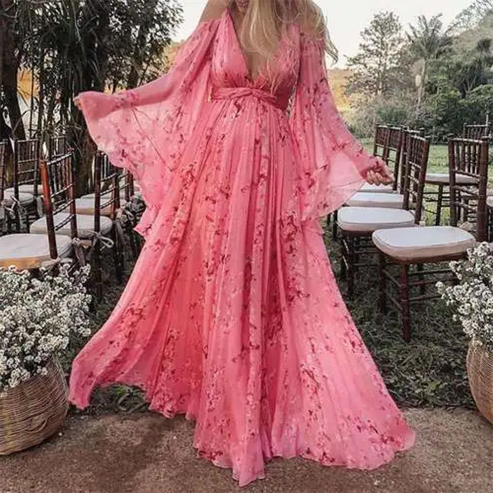 Laza Rózsaszín Chiffon Ruha Harangszerű Ujjakkal - Isabelle