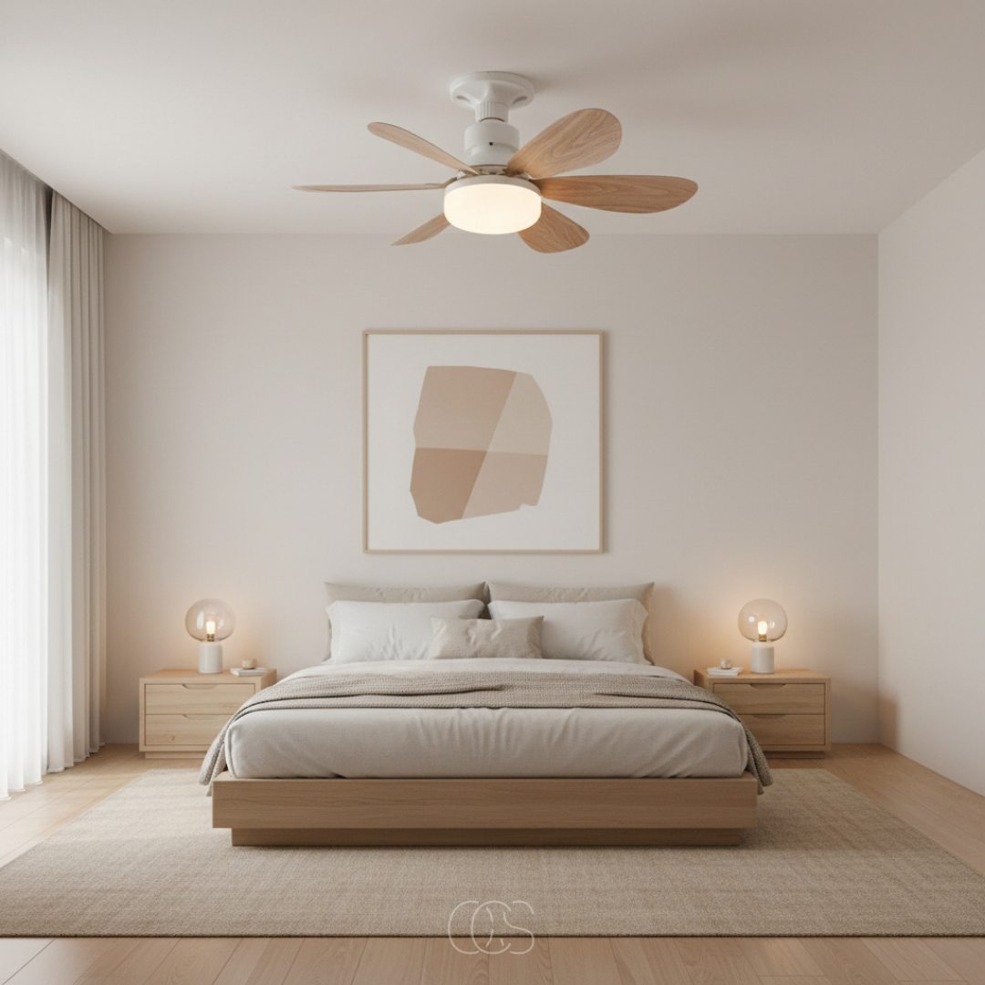 A ventilátor egy világos, letisztult hálószoba mennyezetén az ágy felett 3