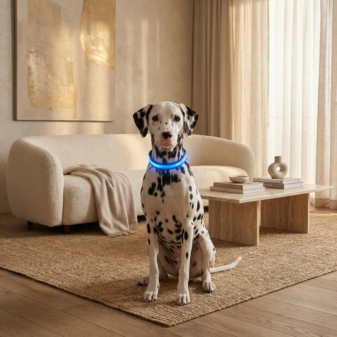 Fekete foltos dalmata kutya ül egy világos nappaliban, nyakán kéken világító LED nyakörv. 2