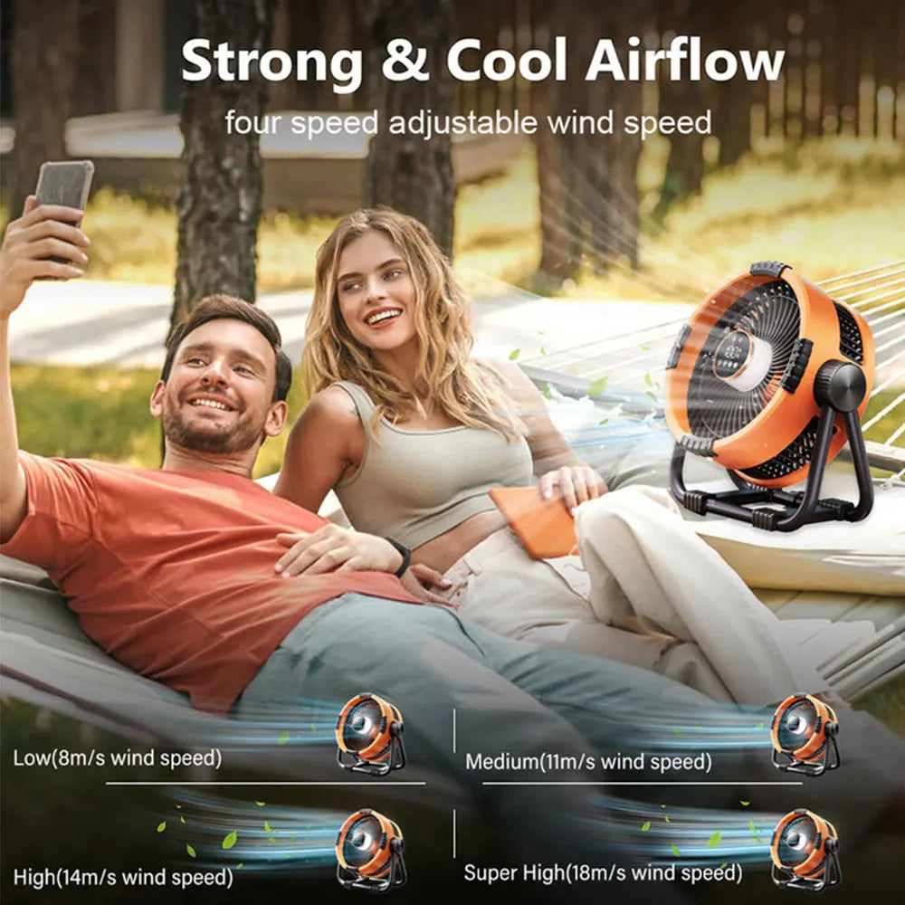 Kemping Ventilátor 20000mAh Akkumulátorral, LED Fénnyel és Távvezérléssel – WindMate