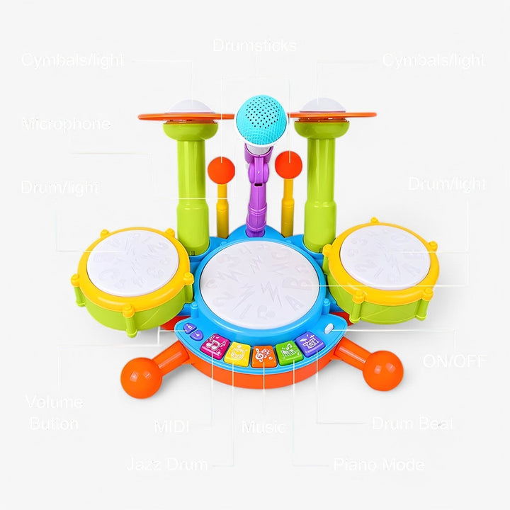 Interaktív, mikrofonnal felszerelt tanuló dobkészlet kisgyermekeknek – RhythmusSpaß Mini