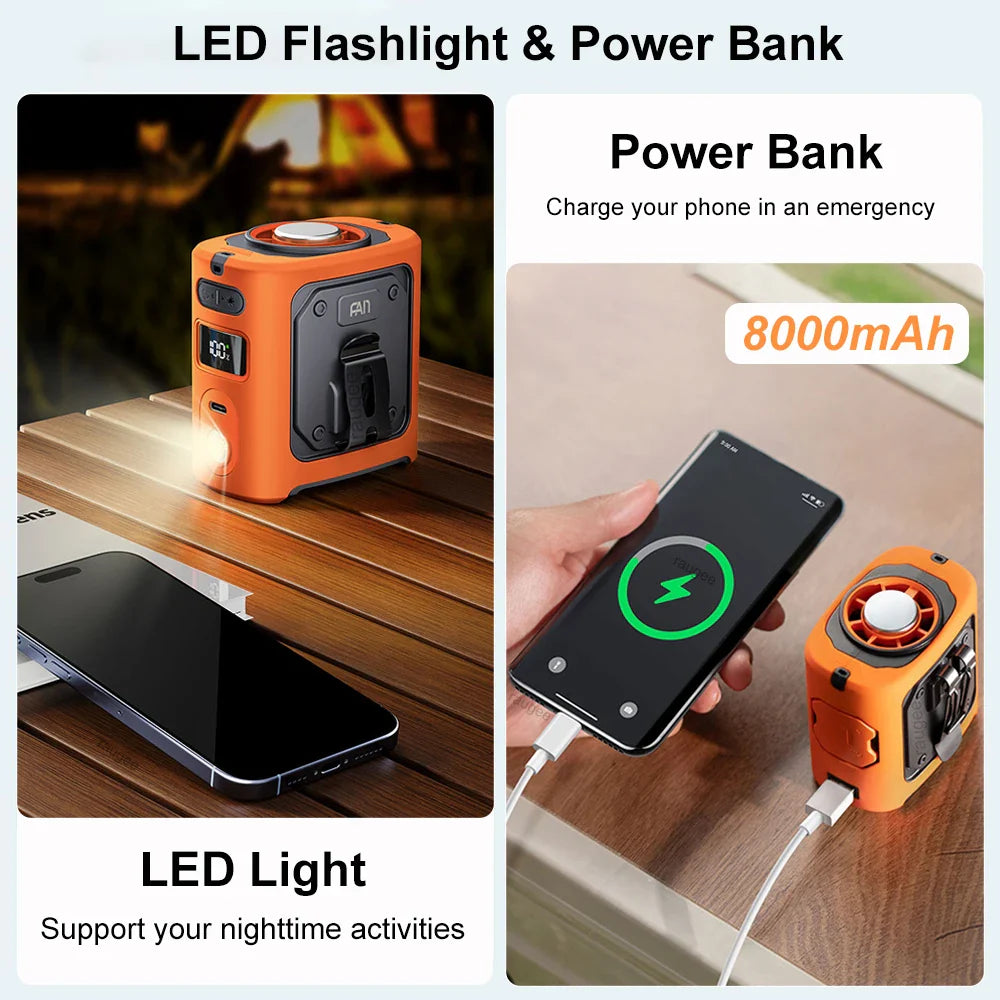 8000mAh Hordozható Hűtő Övtáska Ventilátor Power Bankkal és LED Fénnyel – FrostBreeze