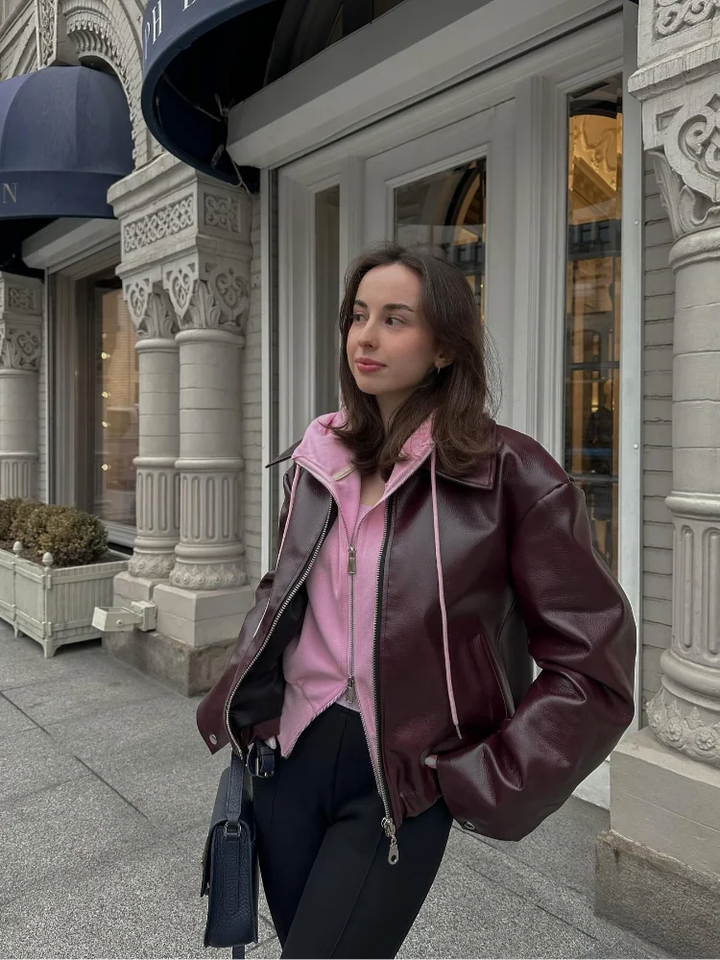 Barna bőr női kabát hajtókával – Giulia