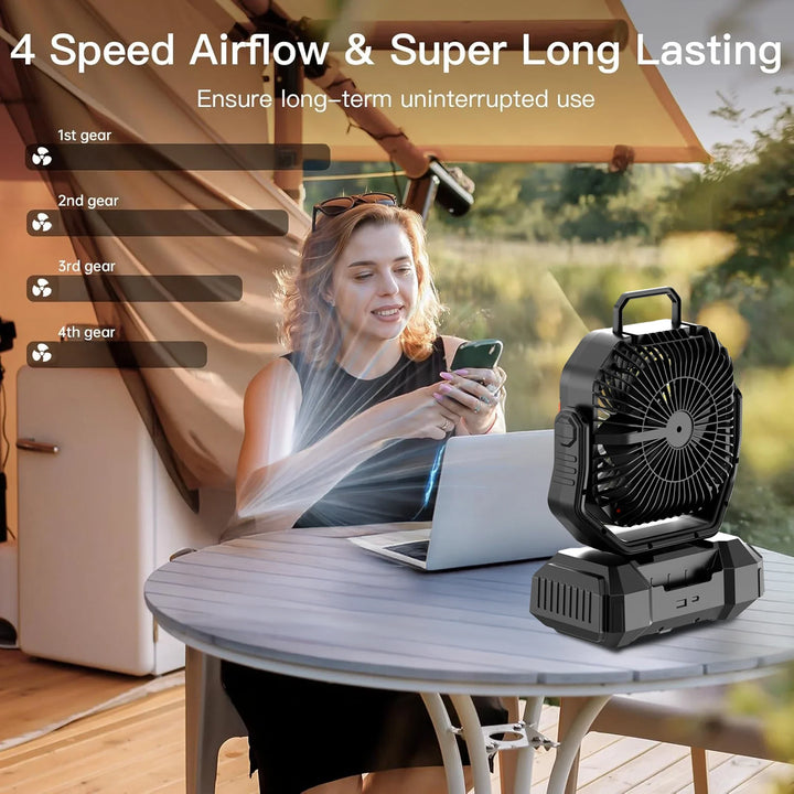 Újratölthető kempingventilátor 40000mAh akkumulátorral és LED lámpával – F22