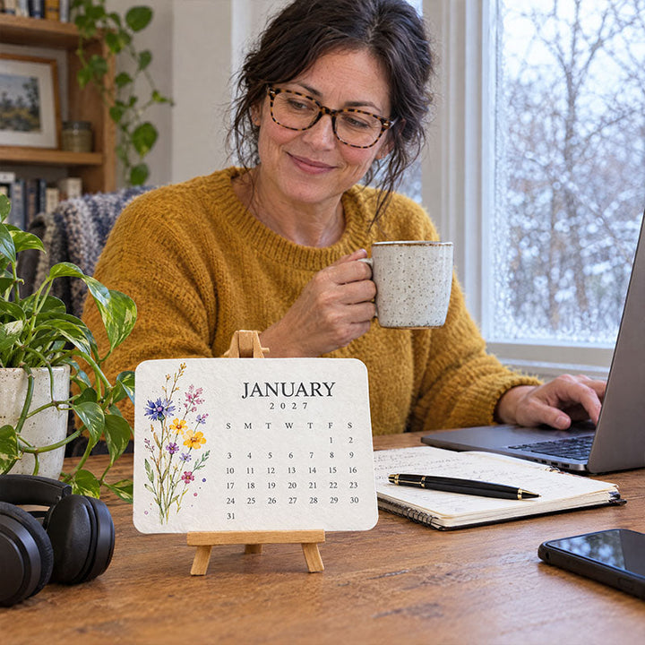 Virágmintás januári naptárlap kis állványon az íróasztalon, mögötte kávéző nő dolgozik a laptopján 6