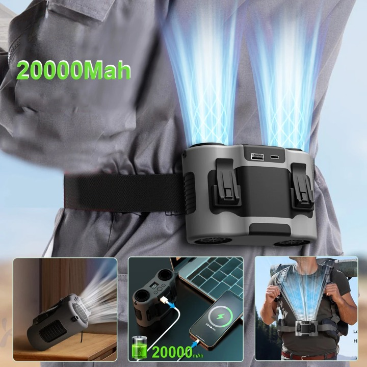 Hordozható Derékcsipesz Ventilátor Kétlevegő Kimenettel és 20,000mAh Akkumulátorral – BreezeMate