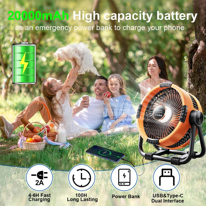 Kemping Ventilátor 20000mAh Akkumulátorral, LED Fénnyel és Távvezérléssel – WindMate